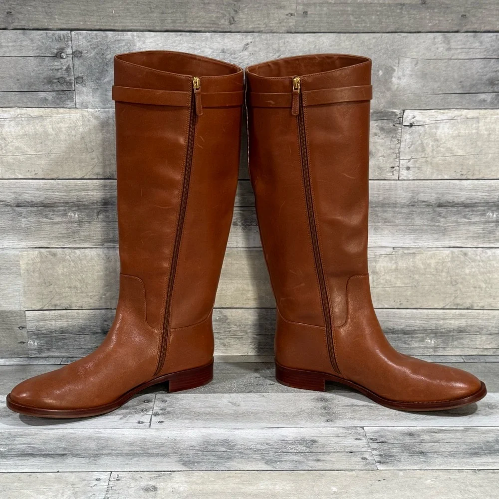 TORY BURCH EVERLY STRAP RIDING BOOTS - SIERRA TAN - SIZE - 10.5 M